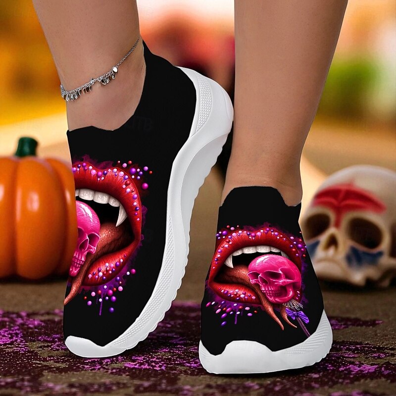 Women's Halloween Slip-On Sneakers – Black Flyknit Comfort Shoes with Vampire Lips and Skull Print for Costume Parties, Trick-or-Treating and Casual Fall Wear Sarah Richter3