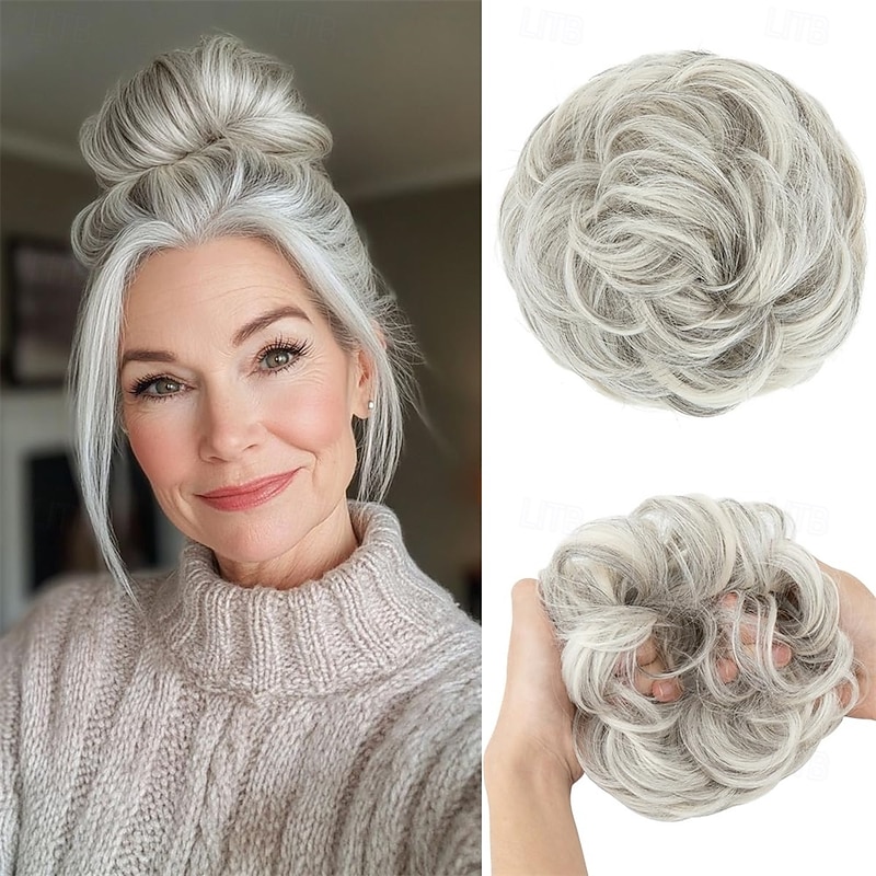 Large Messy Bun Hair Piece Wavy Curly Scrunchies Synthetic Chignon Ponytail Hair Extensions Thick Updo Hairpieces for Women Grey Multi