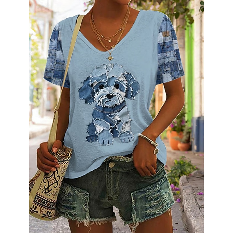 Women's T Shirt Graphic Animal Vintage Stylish Classic Short Sleeve V Neck Regular Tops Daily Print White Navy Blue Gray Light Blue Summer Spring2