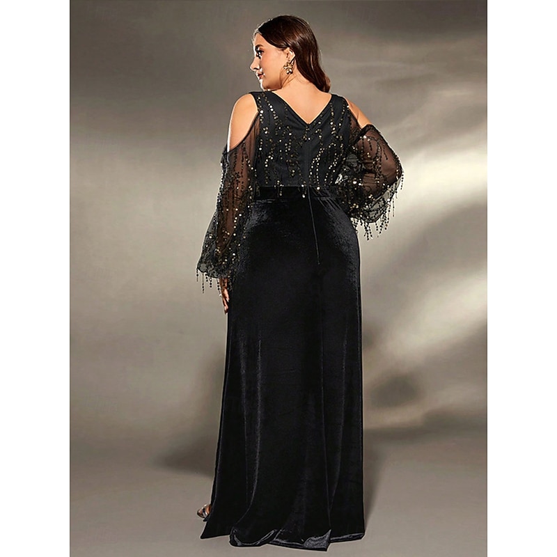 A-Line Evening Gown Elegant Dress Formal Wedding Floor Length Long Sleeve V Neck Sequined with Sequin Slit3