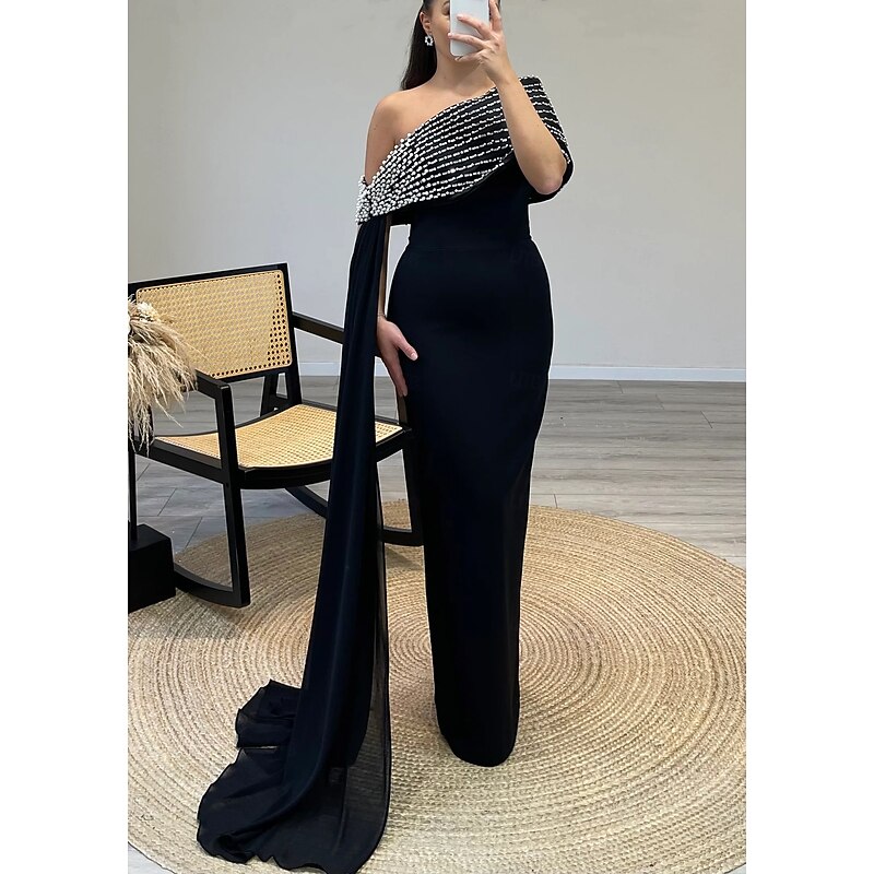 Black Tie Column Evening Gown Elegant Dress Formal Wedding Guest Floor Length Short Sleeve One Shoulder Stretch Crepe with Glitter Crystals2