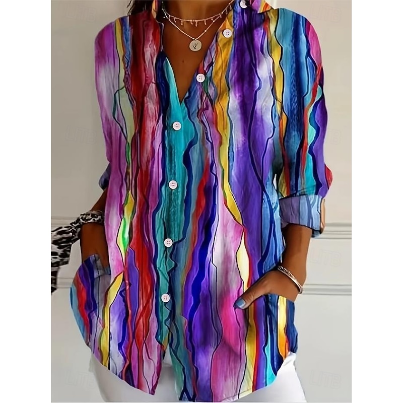 Women's Shirt Button Down Tunic Shirt Collar Long Sleeve Graphic Geometric Plaid Casual Regular Tops Work Daily s Print Yellow Red Blue Purple Rainbow Spring Fall