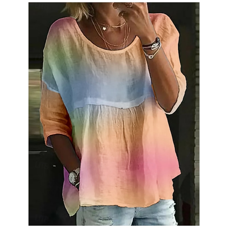 Women's Blouse Color Gradient Stylish 3/4 Length Sleeve Crew Neck Regular Tops Daily Holiday Print Pink Navy Blue Blue Purple Summer2