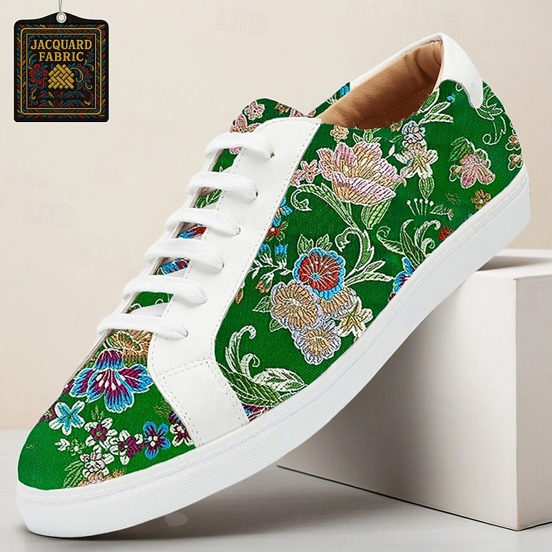 Men's Green Jacquard Fabric Sneakers Comfortable Low-Top Shoes with Floral Pattern Suitable for Casual Walking Daily Wear and Creative Outfits