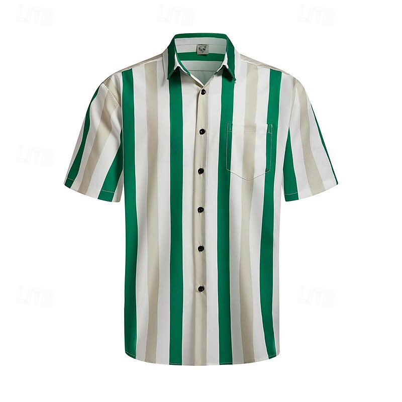 Men's Shirt Summer Shirt Casual Shirt Beach Shirt Button Up Shirt Light Green Blue Green Gray Short Sleeve Stripes Lapel Vacation Hawaiian Clothing Apparel Polyester Fashion Casual Comfortable2