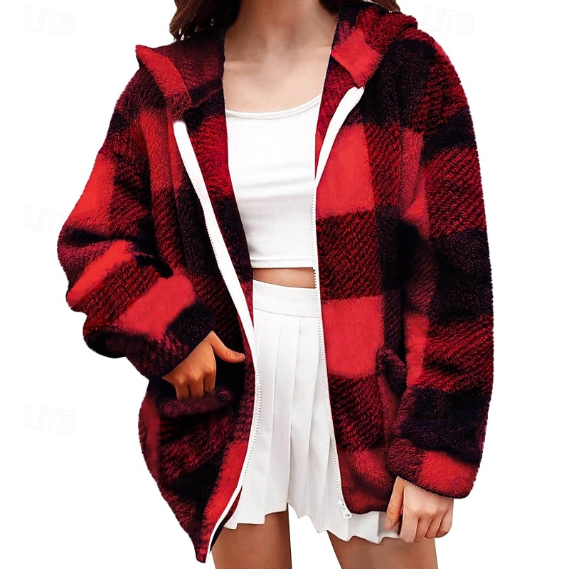 Women's Casual Jacket Hoodie Jacket Warm Comfortable Zipper Pocket Outdoor Casual Plaid Vacation Street Going out Zipper Regular Hooded Regular Fit Long Sleeve Outerwear Black Pink Red Fall Winter