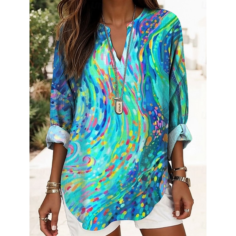 Women's Blouse Tunic V Neck Long Sleeve Boho Casual Tops Graphic Geometric Elegant Stylish Regular Tops Daily Print Blue