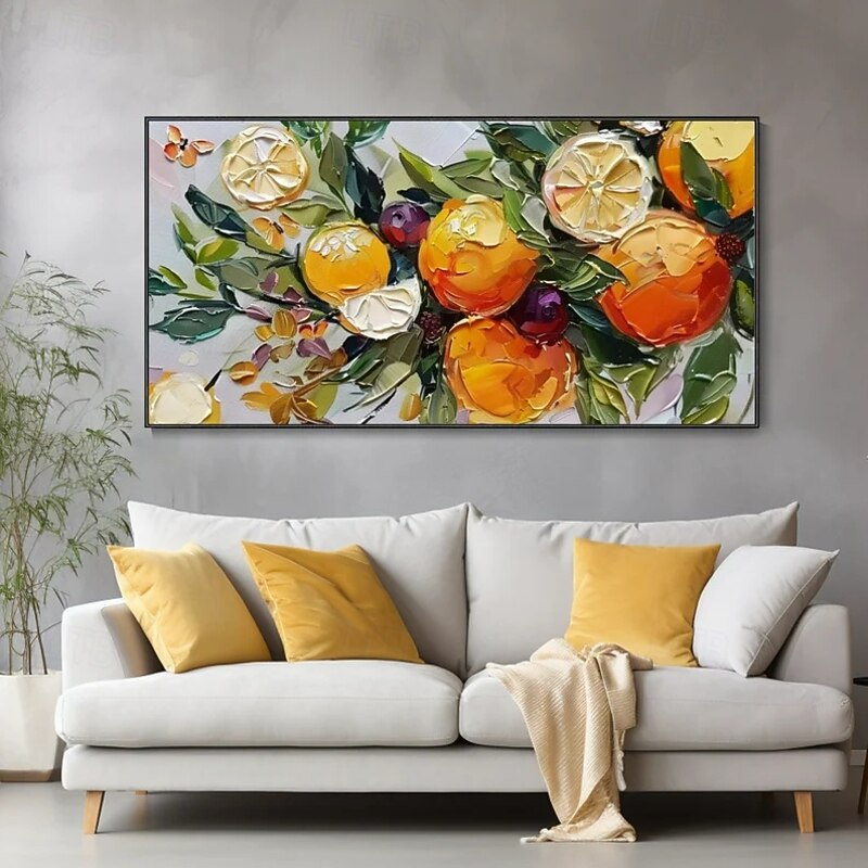 Vibrant Abstract Still Life Oil Painting Orange Tree with Lush Green Leaves and Fruits, Thick-Textured Hand Art for Modern Dining Room Decor