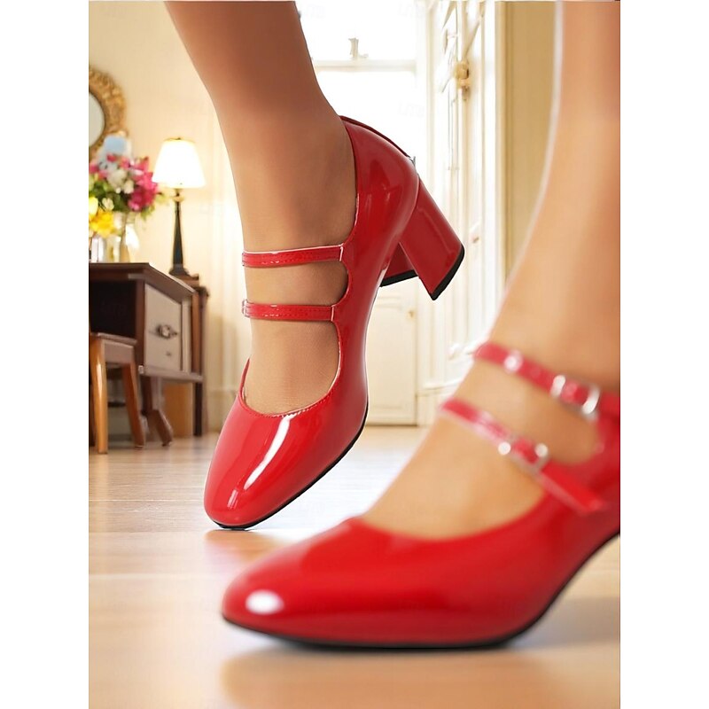 Women's Red Double-Strap Mary Jane Heels – 1950s Retro Patent Leather Pumps for Vintage Parties, Costumes, and Dance Events3