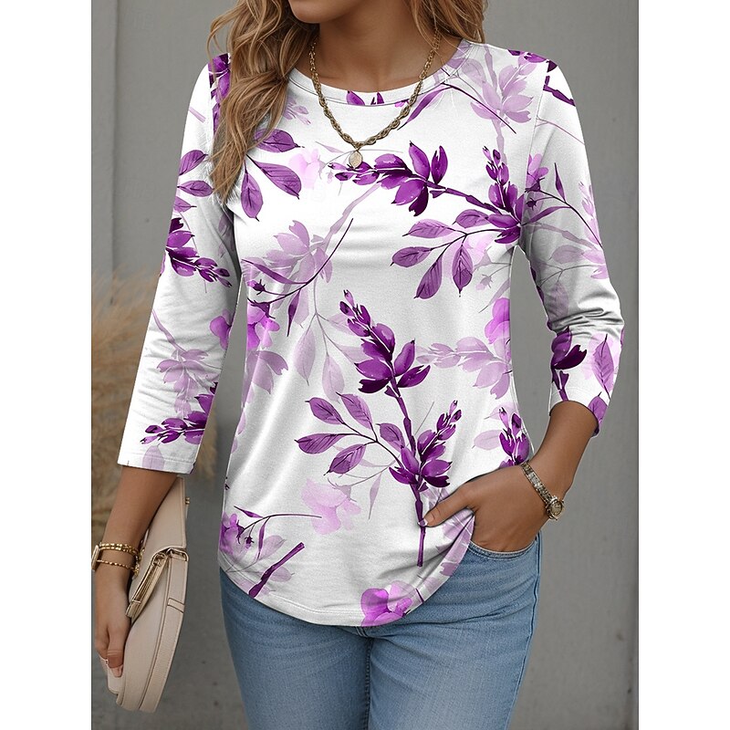 Women's T Shirt Graphic Plants Stylish Casual Long Sleeve Round Neck Regular Tops Daily Weekend Print Red Blue Purple Green Fall Winter4