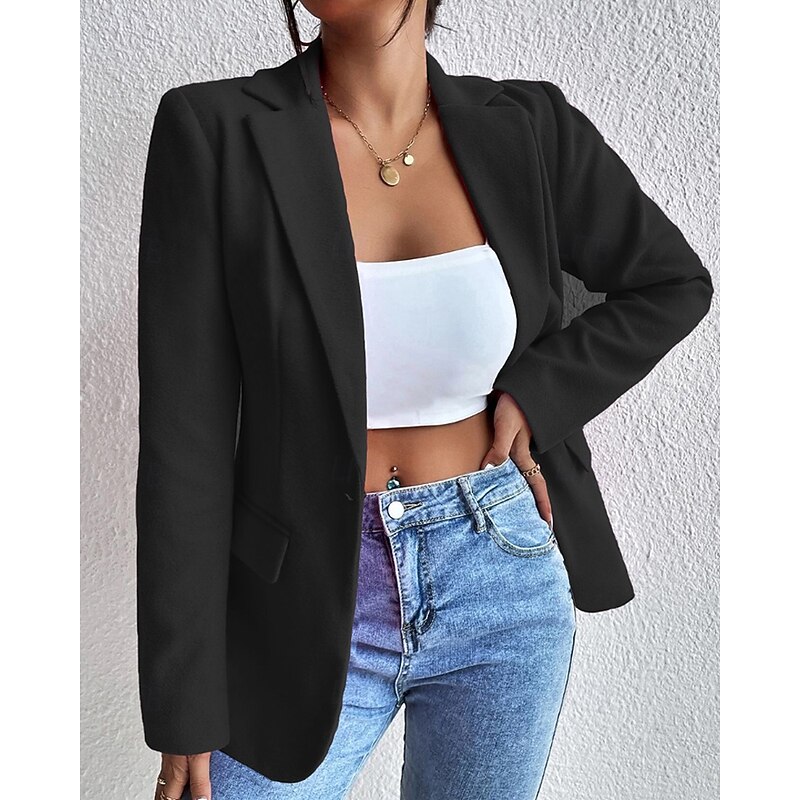 Women's Blazer Comfortable Pocket Buttons Fashion Plain Office Office / Career Single Breasted Regular Turndown Regular Fit Long Sleeve Outerwear Black Pink Rose Red Fall Winter - Main Image