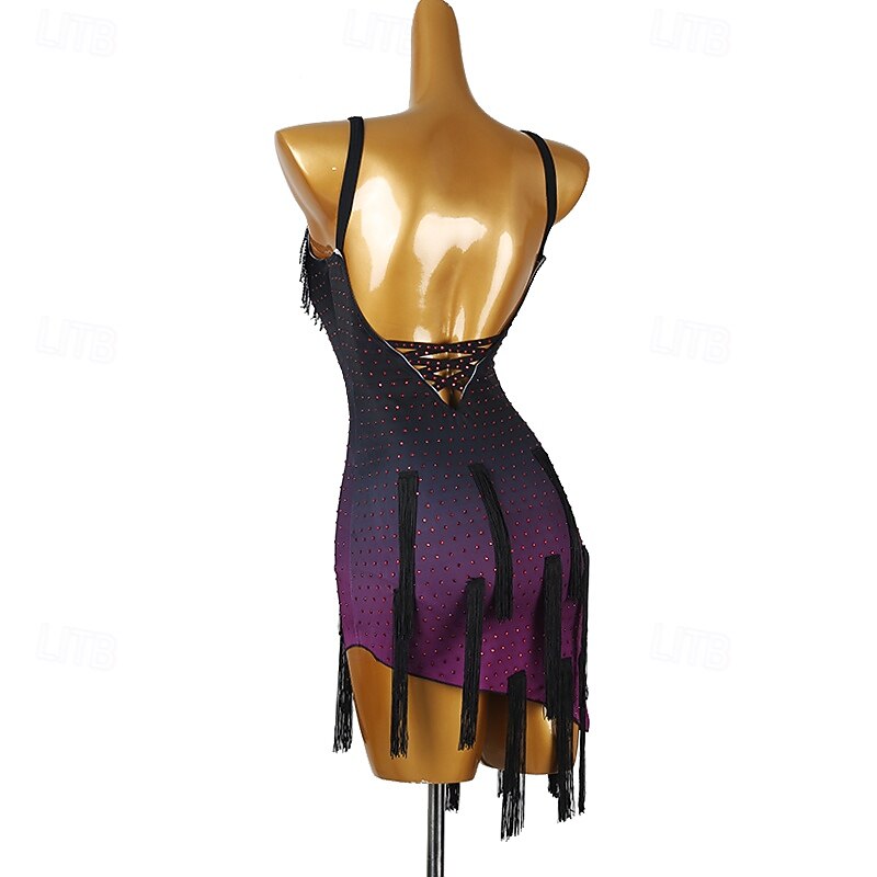 Latin Dance Dress Tassel Crystals / Rhinestones Sequins Women's Performance Party Sleeveless Chinlon Spandex2