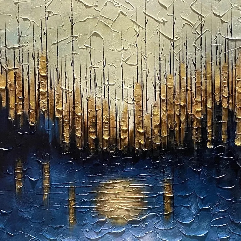 Large Original Gold Oil Painting on Canvas,Abstract Minimalist Blue Textured Wall Art,Custom Painting,Boho Wall Décor,Living Room Wall Decor2