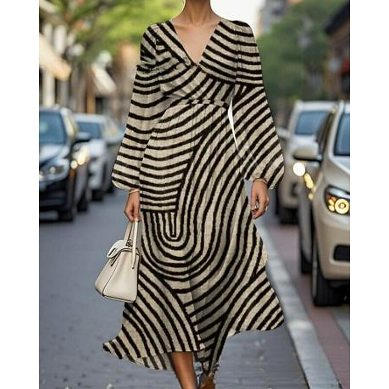 Women's Midi Dress Casual Dress Print Dress Elegant Fashion Outdoor Party Holiday Regular Fit Geometric Striped Long Sleeve V Neck Black Green Khaki Summer Spring2