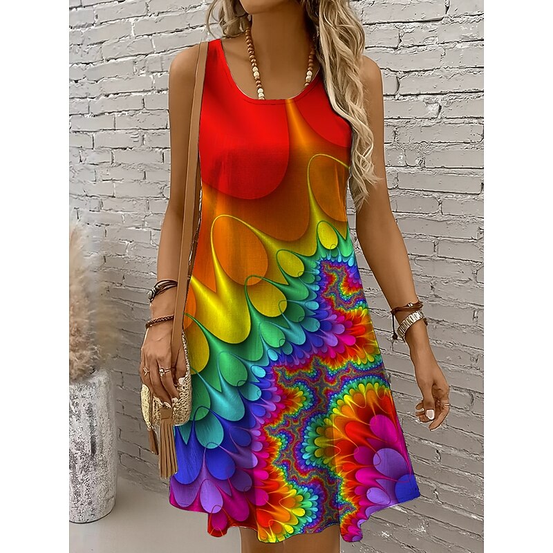 Women's Mini Dress A Line Dress Off The Shoulder Dress Vacation Casual Regular Fit Ombre Graphic Abstract Sleeveless U Neck Yellow Red Royal Blue Blue Summer Spring - Main Image