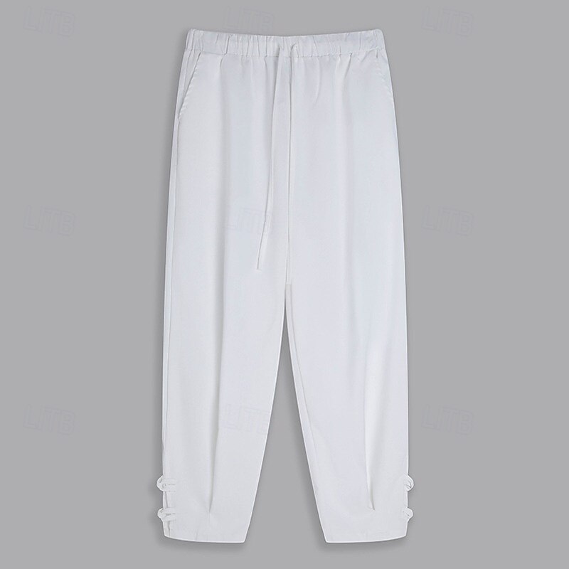Men's Linen Pants Trousers Summer Pants Baggy Pants Cropped Pants Drawstring Elastic Waist Solid Color Plain Comfort Breathable Ankle-Length Casual Daily Holiday Vacation Fashion Black White Inelastic3