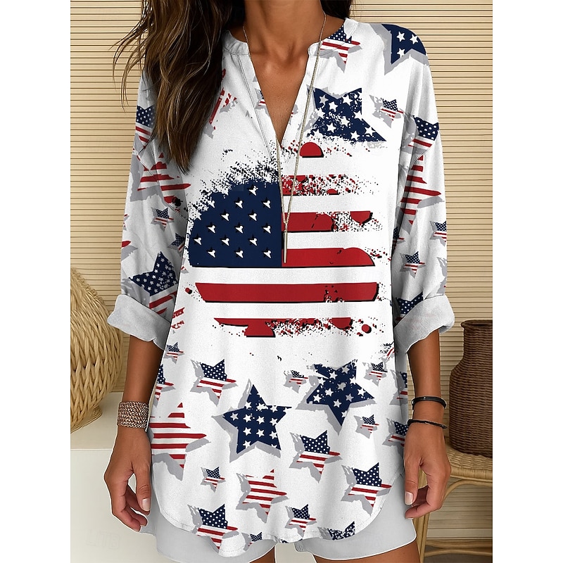 Women's Blouse Tunic V Neck Long Sleeve Boho Casual Patriotic Graphic Flag Vintage Tropical Regular Tops Daily Wear Print Red Blue Purple