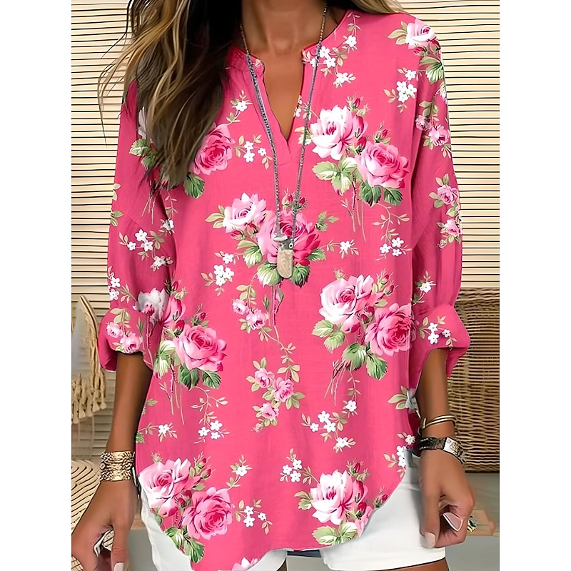 Women's Blouse Tunic V Neck Long Sleeve Boho Casual Summer Tops Floral Graphic Vintage Tropical Regular Tops Daily Wear Print Pink Blue Sky Blue Khaki Beige
