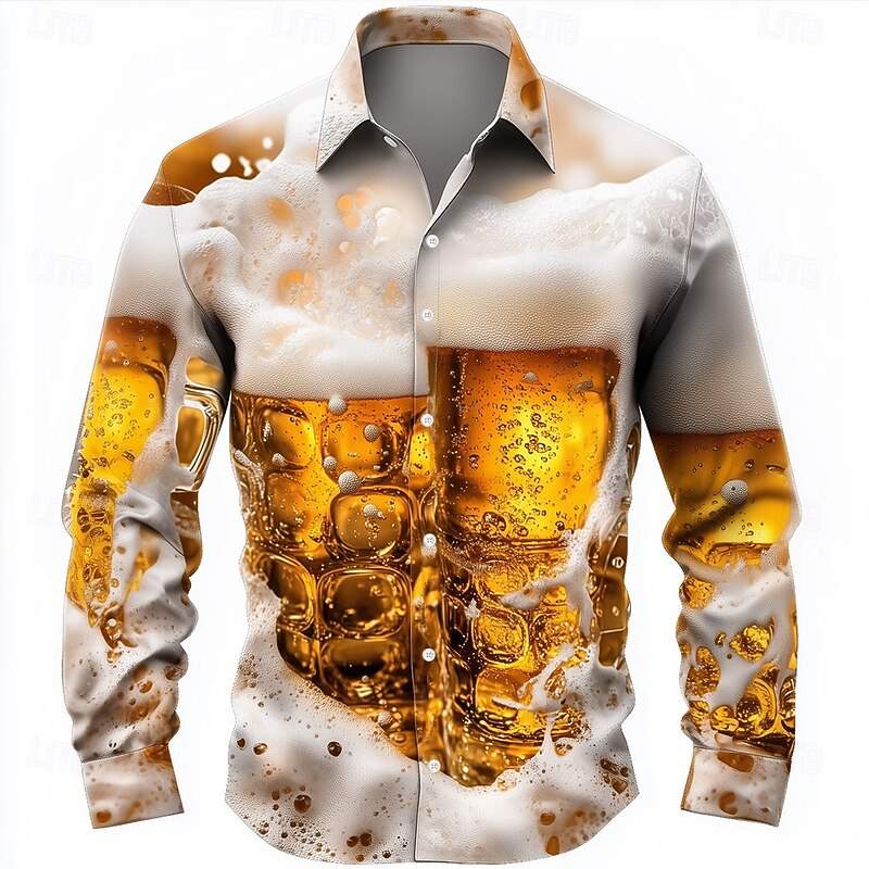 Men's Optical Illusion Oktoberfest Beer Shirt Button Down Shirt Hawaiian Shirts Long Sleeve Hawaiian Outdoor Vacation Holiday Summer Spring Turndown 3D Print Collared Shirts Orange