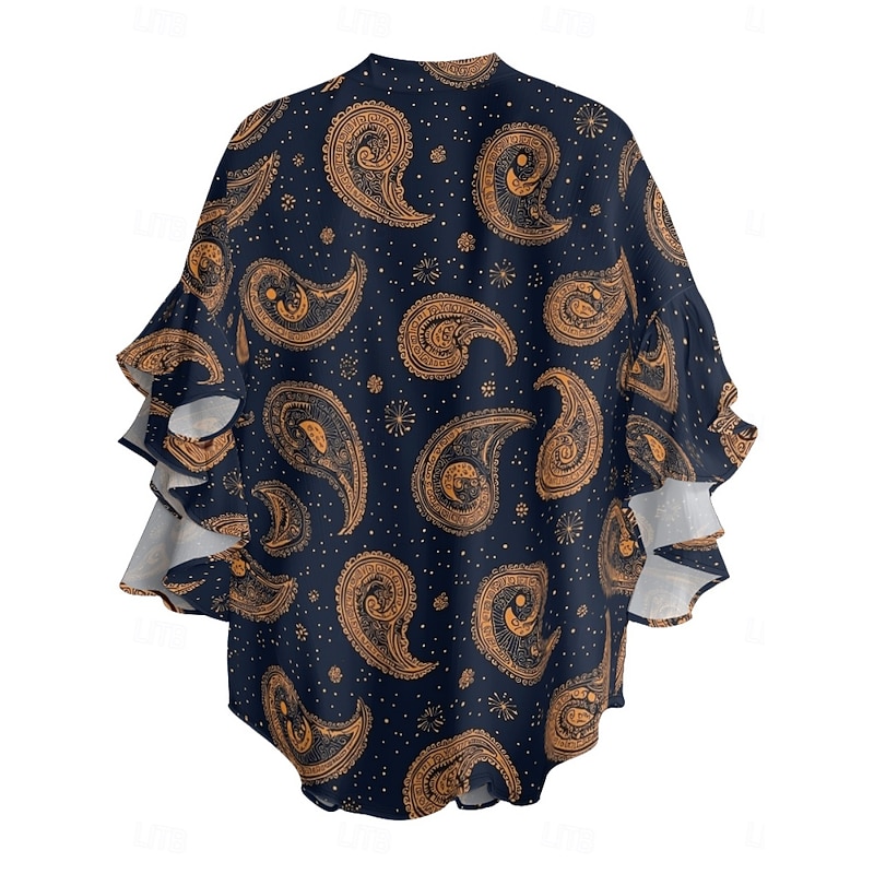 Women's Blouse Paisley Retro Vintage Ethnic 3/4 Length Sleeve V Neck Regular Tops Daily Holiday Ruffle Print Black Navy Blue Purple Orange Summer2