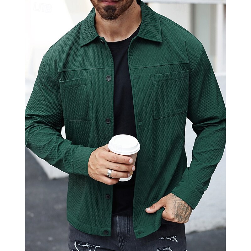 Men's Lightweight Jacket Casual Jacket Vacation Daily Warm Pocket Jacquard Spring Fall Plain Fashion Classic Lapel Regular Dark Green Brown Jacket4