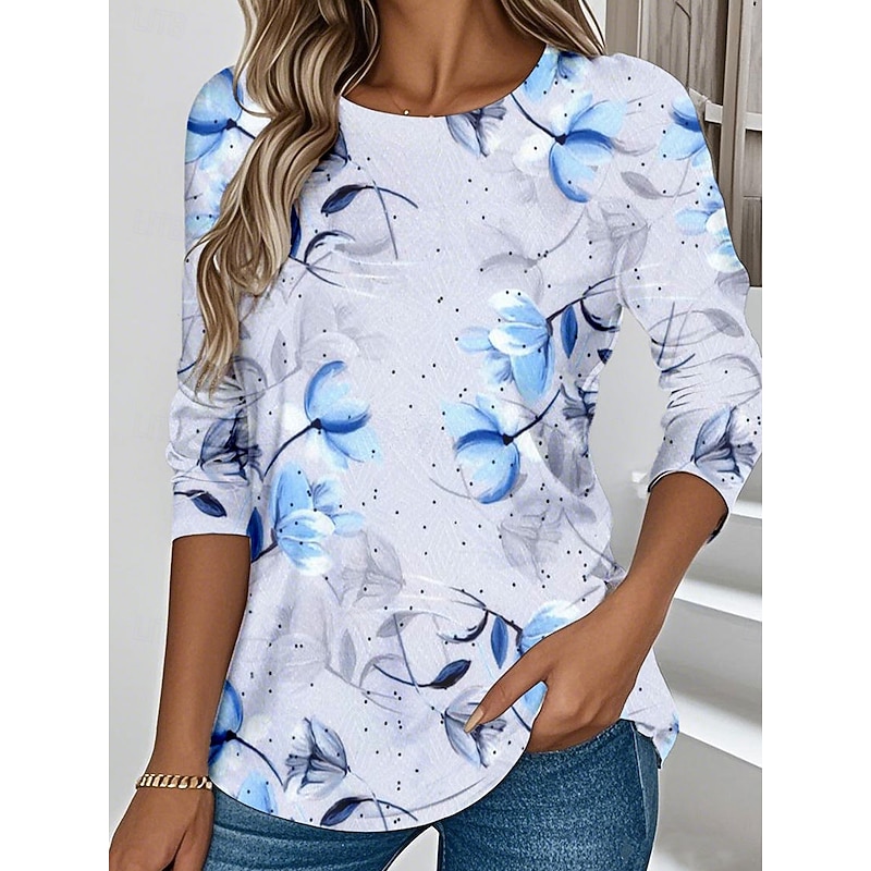 Women's T shirt Long Sleeve Crew Neck Long Sleeve Tunic Floral Graphic Plants Vintage Stylish Classic Regular Tops Daily Weekend Print Yellow Blue Green  Prefall