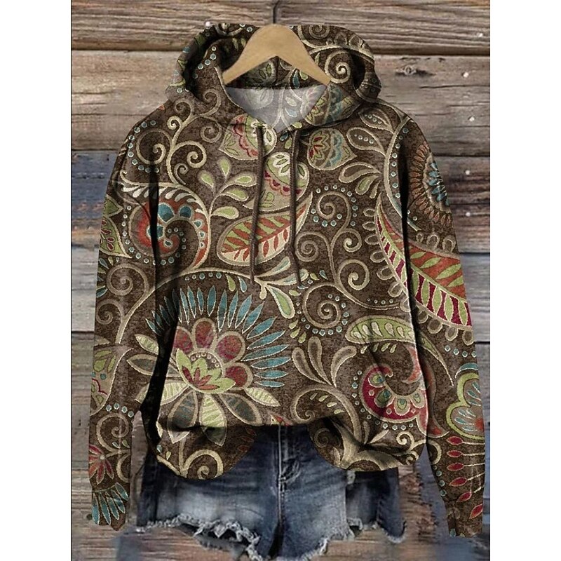 Women's Hoodie Pullover Sweatshirt Oversized Long Sleeve Casual Graphic Vintage Fashion Western Hooded Tops Street Dailywear Holiday Print Front Pocket White Yellow Dark Pink Red Brown Fall Winter4