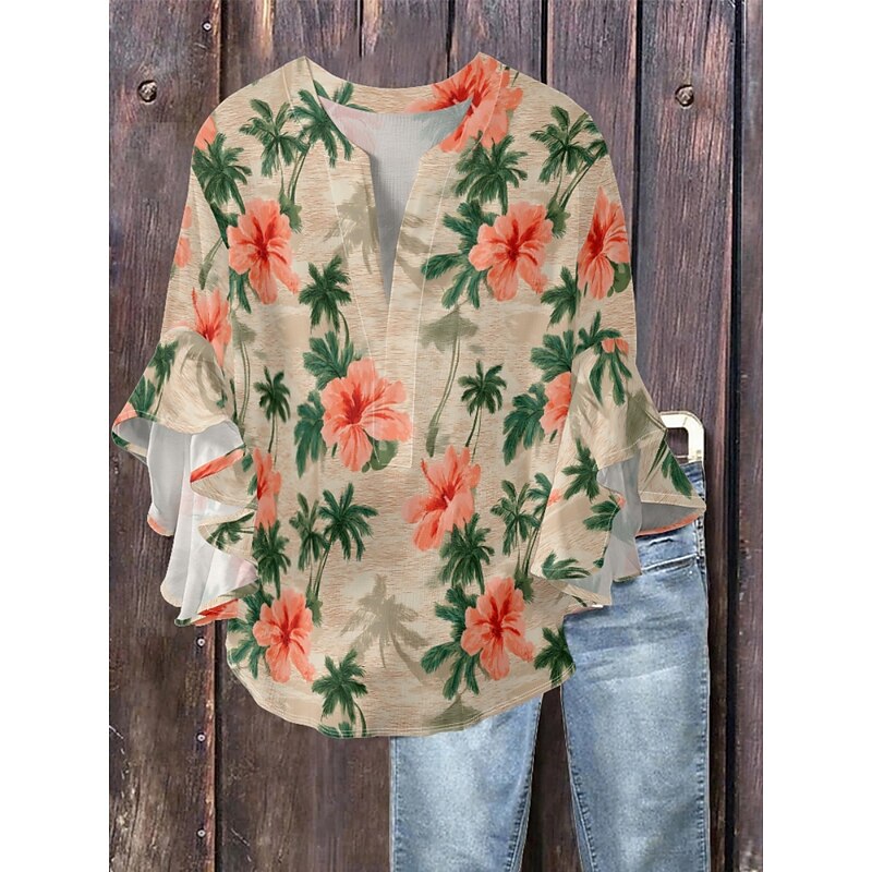 Women's Blouse Floral Stylish Modern 3/4 Length Sleeve V Neck Regular Tops Daily Holiday Ruffle Print Orange Khaki Apricot Summer2