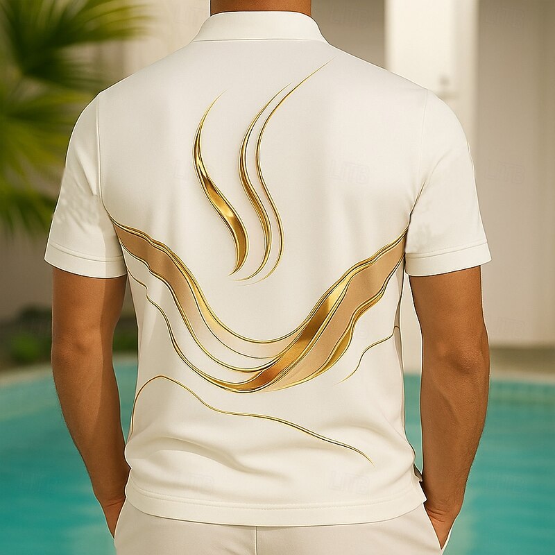 Men's Geometric Polo Short Sleeve Polo Collar Casual Daily Modern Sports & Outdoor Athleisure Buttons Pocket Summer Robin's Egg Blue Golden3