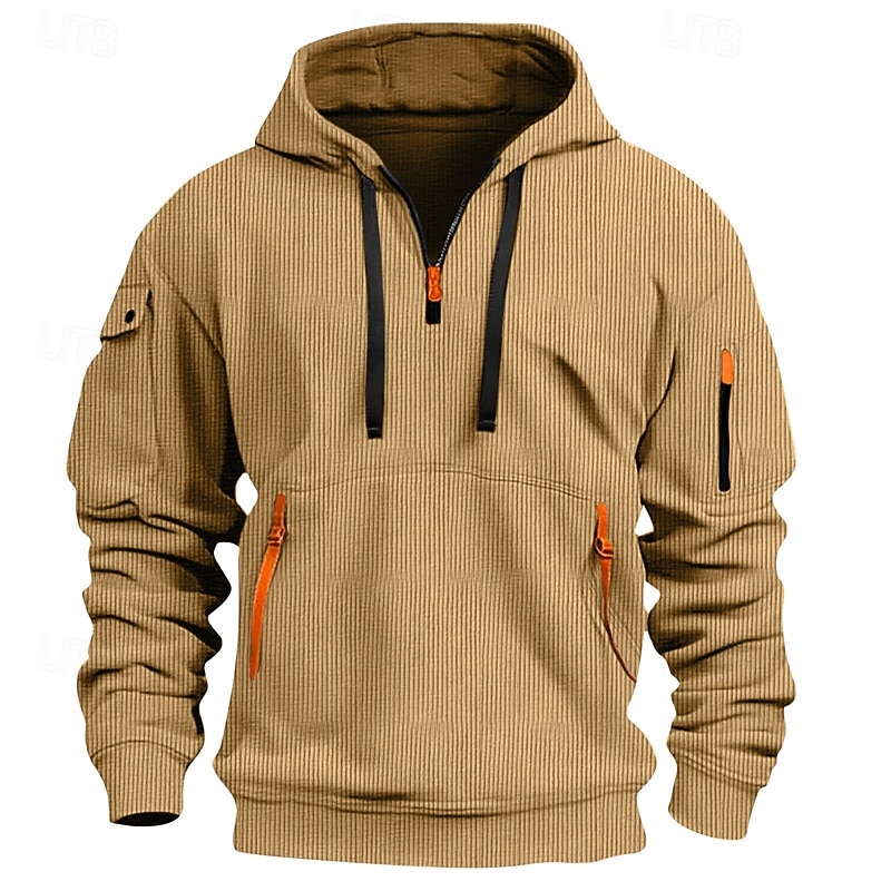 Men's Hoodie Quarter Zip Hoodie Black White Red Blue Khaki Hooded Plain Pocket Ribbed Textured Sports & Outdoor Daily Holiday Polyester Streetwear Basic Casual Spring Autumn / Fall Clothing Apparel