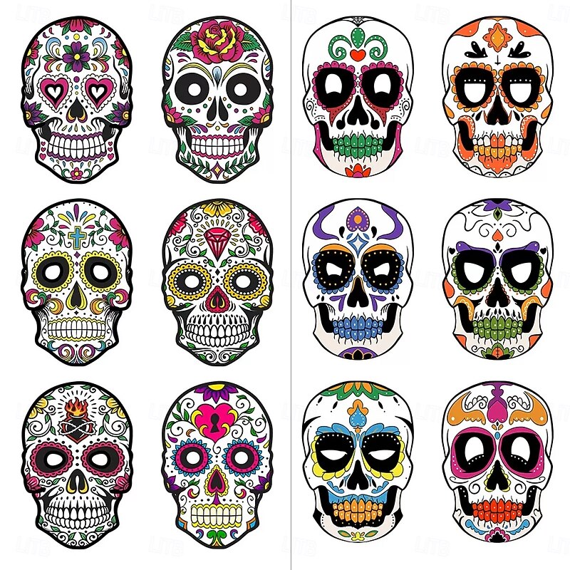 6pcs Mexican Day of the Dead Halloween Paper Masks, Festival Party Decorations, Scary Paper Masks for Halloween and Dia de los Muertos