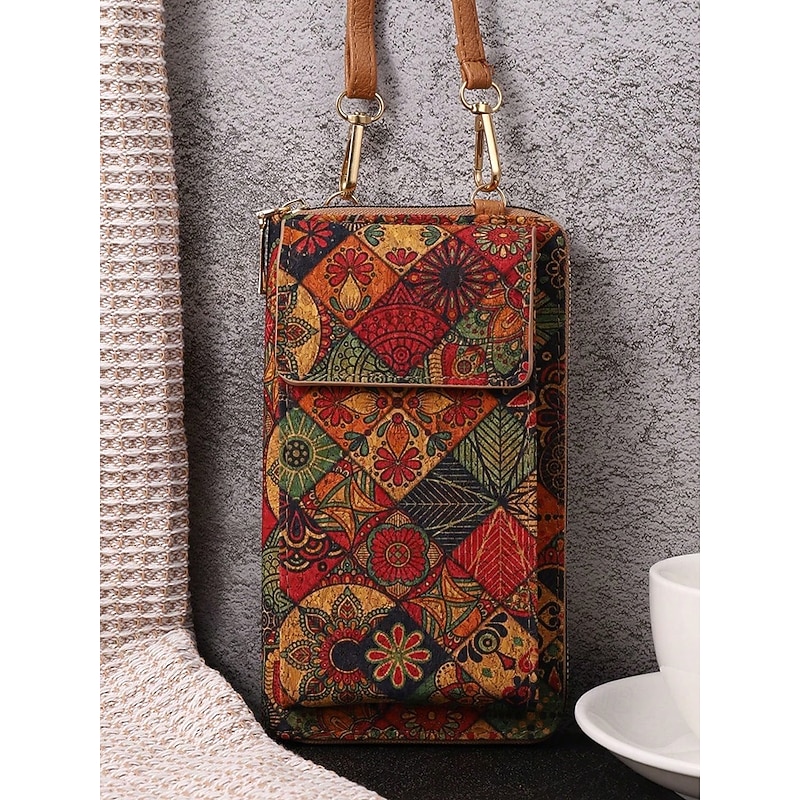 Women's Vintage Boho Phone Crossbody Bag with Adjustable Strap, Faux Leather Small Purse with Multicolor Patchwork Print, Ideal for Travel, Festivals, Daily Errands and Outdoor Activities4