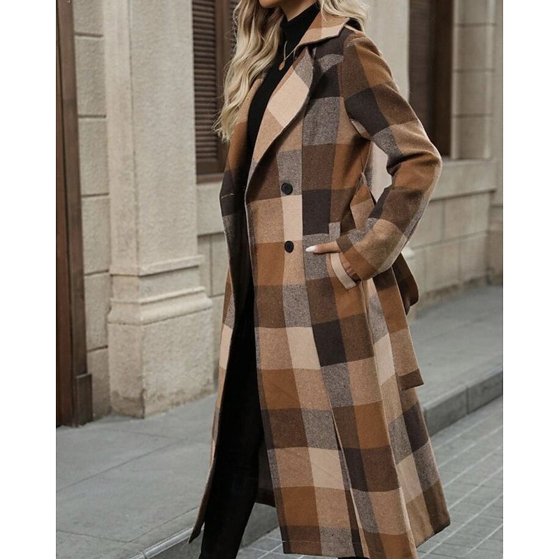 Women's Coat Trench Coat Warm Comfortable Buttons Pocket Fashion Modern Plaid Vacation Going out Double Breasted Long Turndown Regular Fit Long Sleeve Outerwear Coffee Fall Winter2