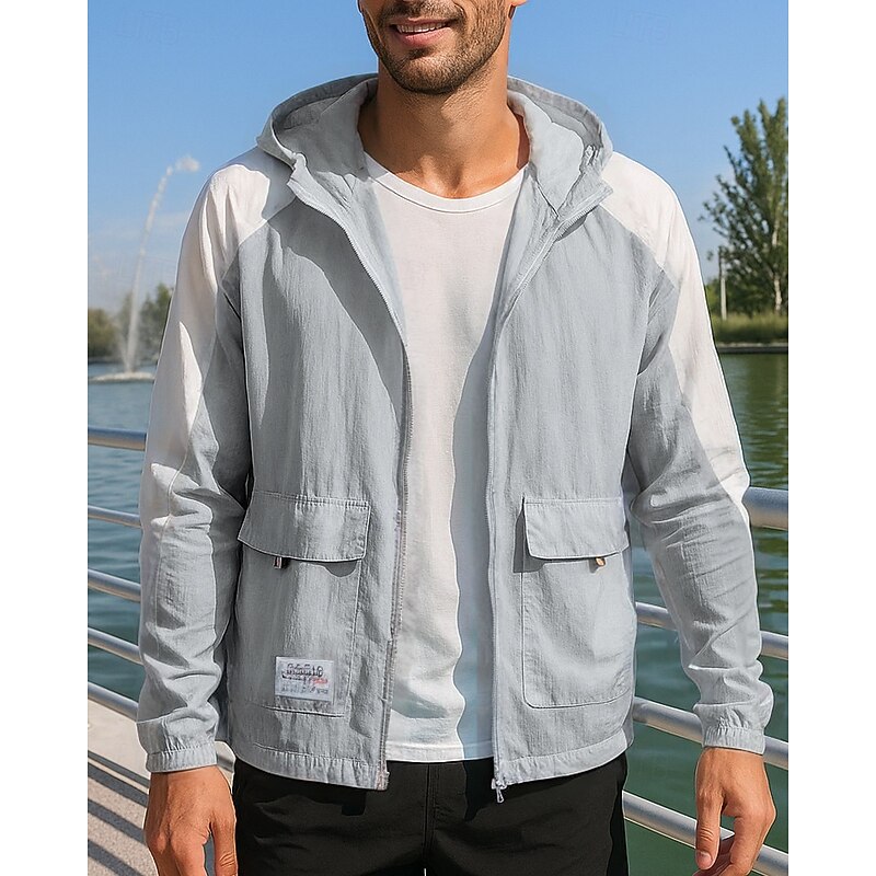 Men's Running Jacket Outdoor Jacket Pocket Full Zip Long Sleeve Outerwear Athletic Color Block Sun Protection Lightweight Breathable Tennis Golf Running Sportswear Activewear Sky Blue Light Grey4