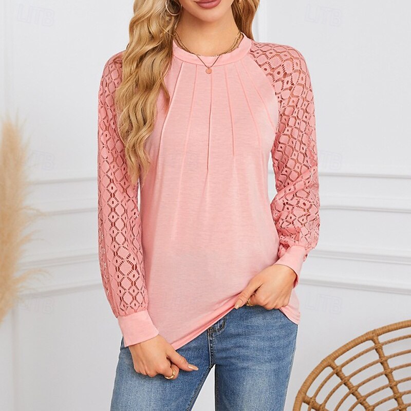 Women's Blouse Plain Casual Long Sleeve Crew Neck Regular Tops Daily Holiday Going out Lace Patchwork Pink Wine Navy Blue Green Summer4