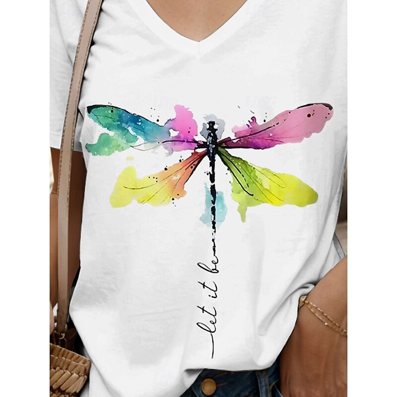 Women's T Shirt Graphic Letter Dragonfly Vintage Stylish Classic Short Sleeve V Neck Regular Tops Daily Print White Red Blue Purple Green Summer Spring3