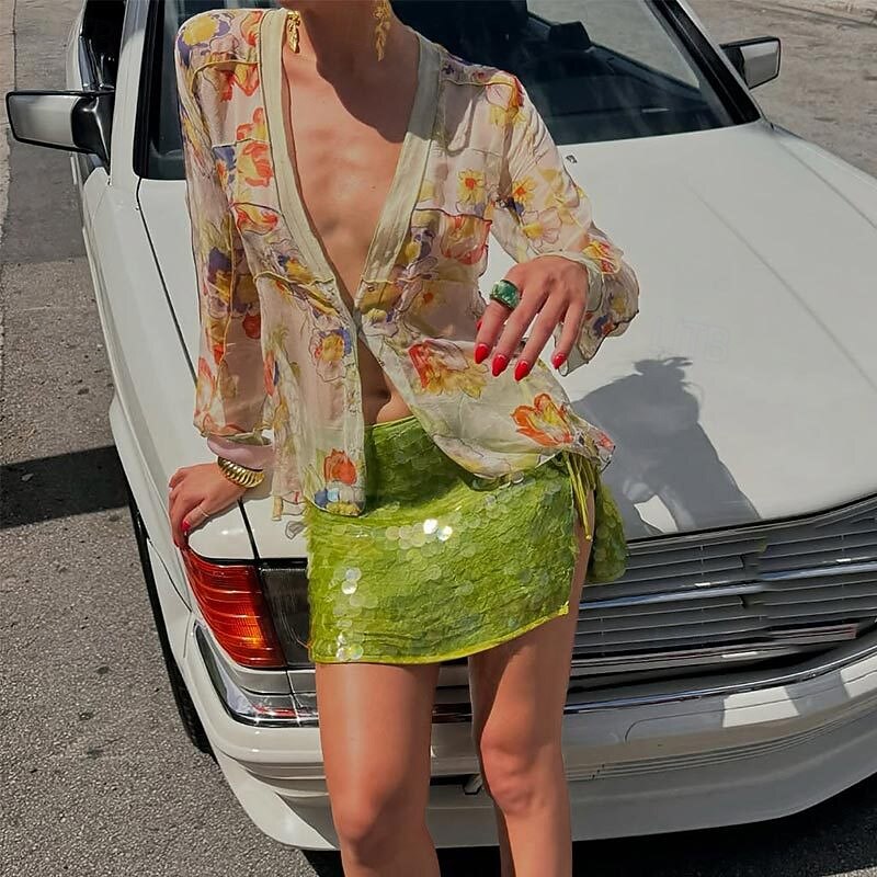 Women's Skirt Sparkly Skirt Fashion Mini Mid Rise Skirts Plain Sequins Micro-elastic Party Cocktail Party Yellow Green Summer Polyester