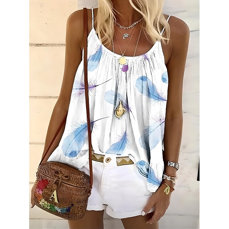 Women's Blouse Floral Graphic Feather Bohemia Daily Hawaiian Sleeveless Crew Neck Strap Square Neck Regular Tops Daily Print Backless White Yellow Light Green Blue Purple Summer Spring2