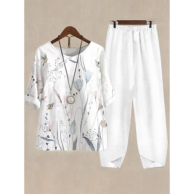 Women's Basic Shirt Pants Sets Half Sleeve Round Neck Ombre Floral Graphic Print Holiday Casual Daily Weekend White Yellow Light Blue Summer Regular Fit