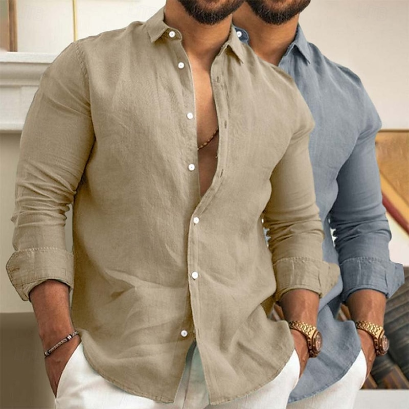 Men's Linen Shirt Summer Shirt Beach Wear Casual Shirt Button Up Shirt Plain Vacation Daily White+Green Green+Khaki Gray+Khaki Pink+Navy Blue Long Sleeve Lapel Summer Spring Clothing Apparel3