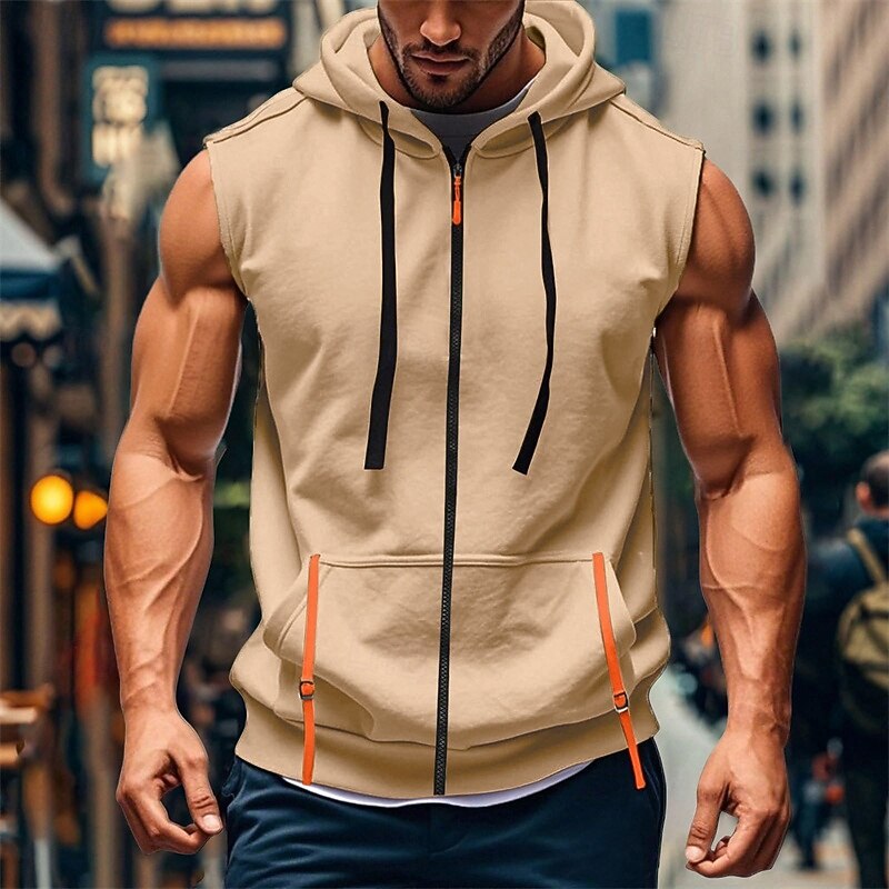 Men's Tank Top Vest Top Undershirt Sleeveless Shirt Sleeveless Hooded Summer Plain Fashion Designer Basic Zip Up Drawstring Front Pocket Vacation Street Going out Black Wine Navy Blue Top Tee for Men