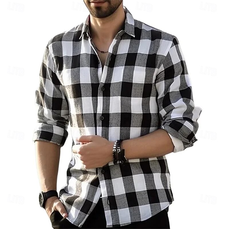 Men's Geometric Grid / Plaid Shirt Button Up Shirt Casual Dress Shirt Long Sleeve Fashion Casual Office Dailywear Spring Fall Turndown 3D Print Linen Like Shirt Black Red Navy Blue Blue