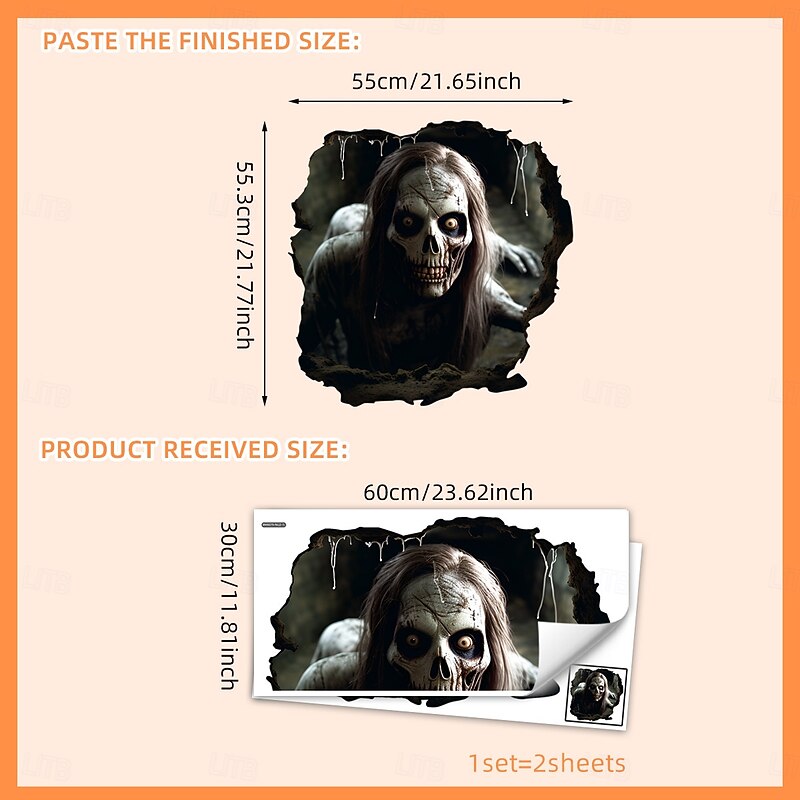 Halloween Floor & Wall Decal Sticker 3D Breakthrough Long-Haired Skeleton Design, Scary Self-Adhesive Wall and Floor Decor for Halloween Party Atmosphere4