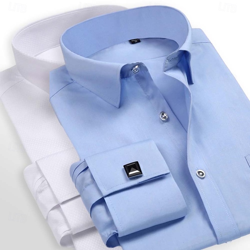 Men's Shirt Dress Shirt French Cuff Shirt Plain Wedding Business Pink+Purple Blue+Light Blue Yellow+Blue Yellow+pink Long Sleeve Collar All Seasons Clothing Apparel Pocket3