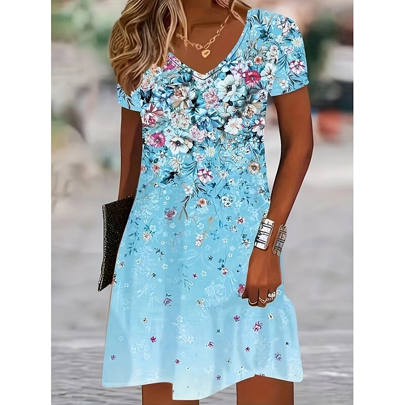 Women's Mini Dress T Shirt Dress Tee Dress Sundress A Line Dress Vacation Casual Beach Going out Beach Regular Fit Floral Graphic Short Sleeve V Neck Yellow Pink Blue Purple Summer4
