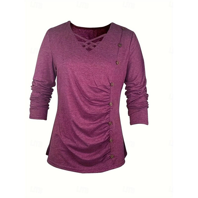 Women's Shirt Solid Color Stylish Casual Long Sleeve V Neck Regular Tops Daily Hollow Out Wine  Spring Prefall2