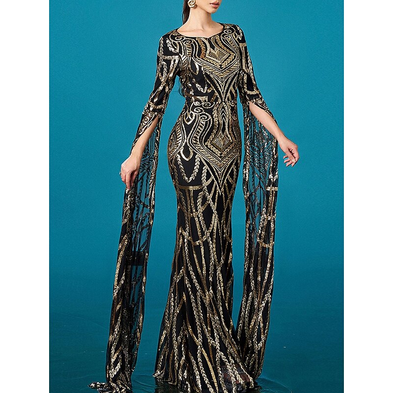 Black and Gold Mermaid / Trumpet Evening Gown Elegant Dress Formal Wedding Floor Length Long Sleeve Crew Neck Sequined Lace3