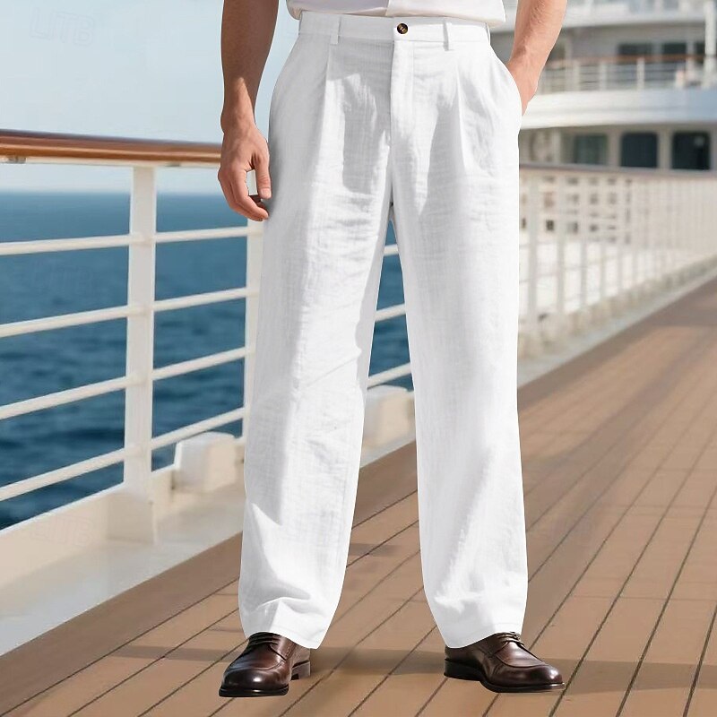 Men's Linen Pants Trousers Summer Pants Beach Pants Pocket Straight Leg Plain Comfort Breathable Vacation Daily Holiday Hawaiian Boho Black White