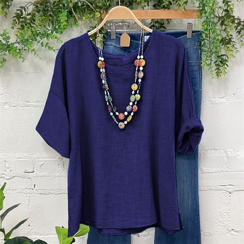 Women's Shirt Linen-Inspired Shirts Summer Tops Plain Daily Stylish Basic Half Sleeve Crew Neck Regular Tops Work Daily Holiday Yellow Blue Gray Spring Fall2