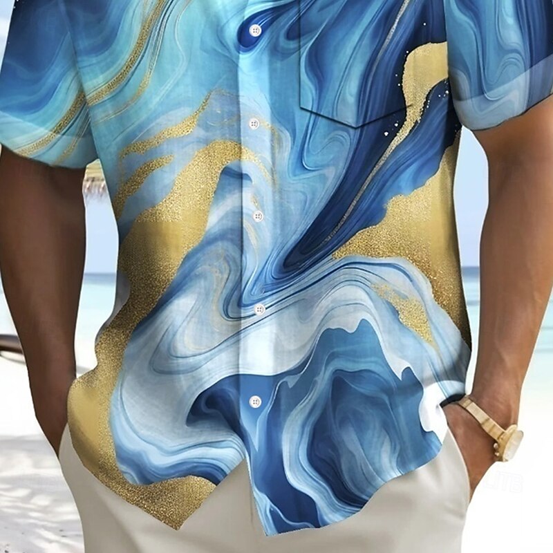 Men's Marble Abstract Art Shirt Summer Shirt Button Up Shirt Short Sleeve Fashion Casual Outdoor Vacation Dailywear Summer Spring Turndown 3D Print Collared Shirts Front One Pocket Blue2